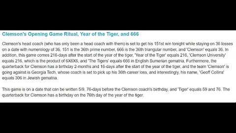 Opening Game Ritual of the Clemson Tigers, Year of the Tiger, and 666 #gematria #truth #numerology