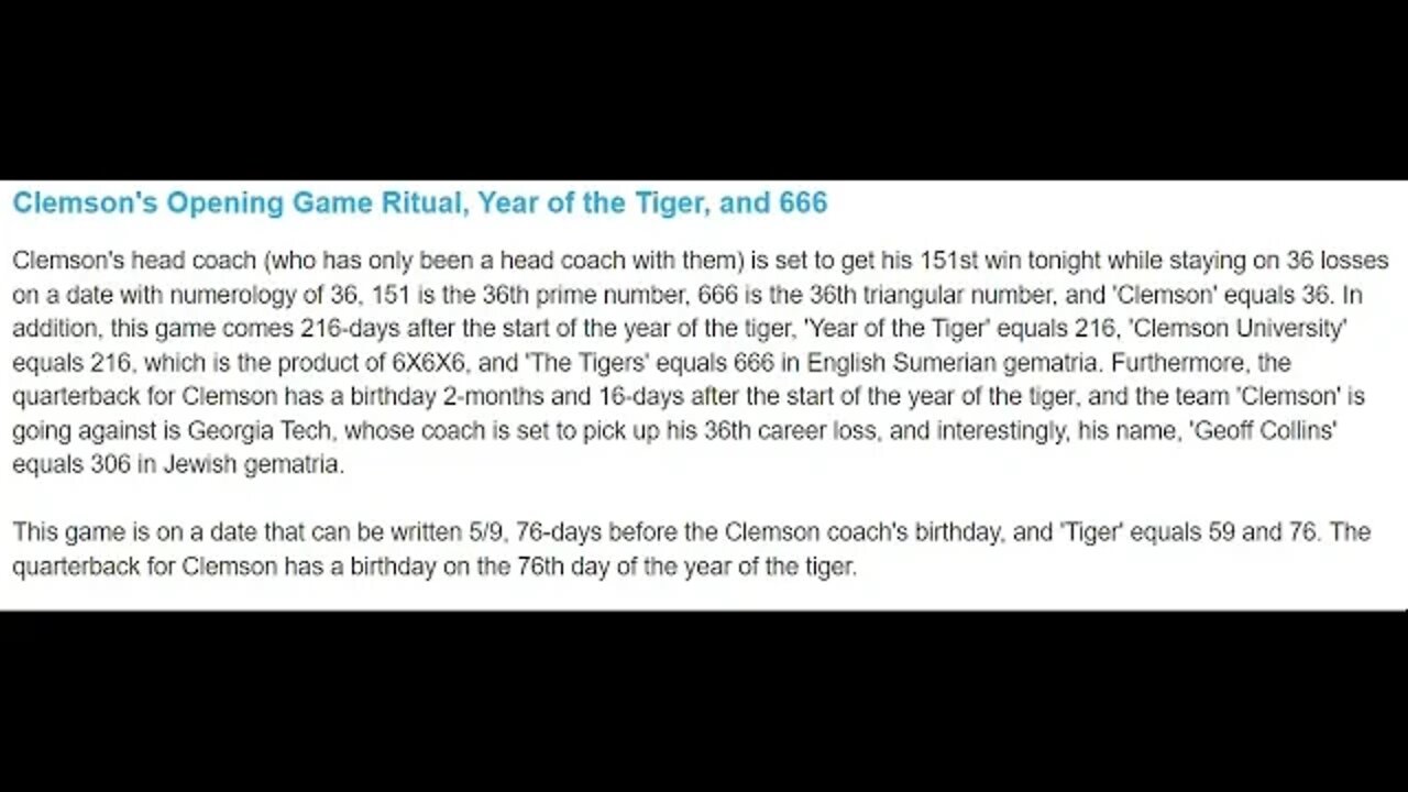 Opening Game Ritual of the Clemson Tigers, Year of the Tiger, and 666 #gematria #truth #numerology