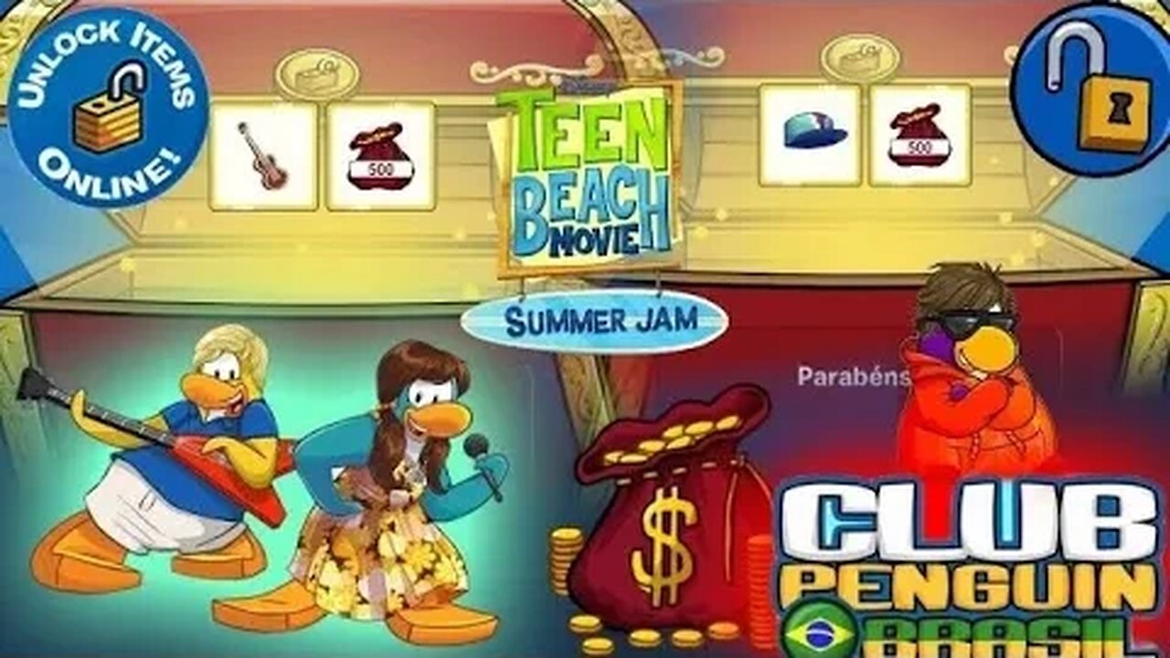 [Reup] 2 Códigos Das Cabanas De Teen Beach Movie - Club Penguin Brasil | Violão e Bonè + Moedas