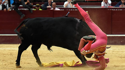 French bullfighter tossed into air like ragdoll by angry bull