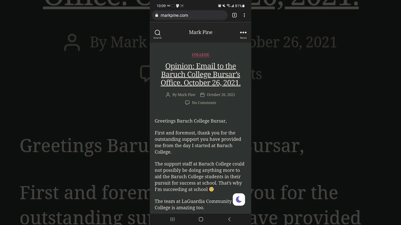 Opinion: Email to the Baruch College Bursar’s Office. October 26, 2021.