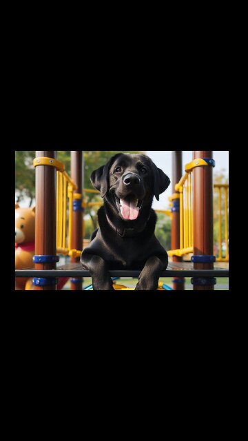A black lab loves the playground
