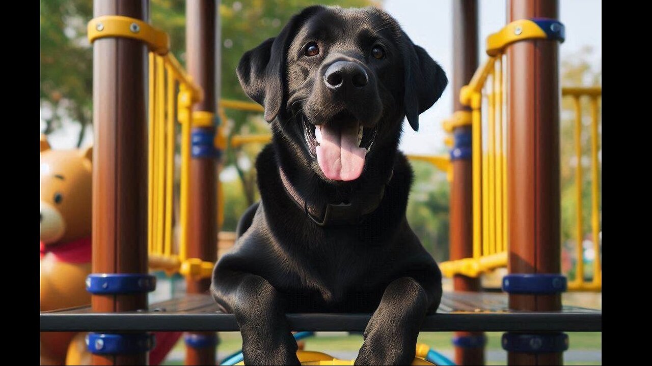 A black lab loves the playground