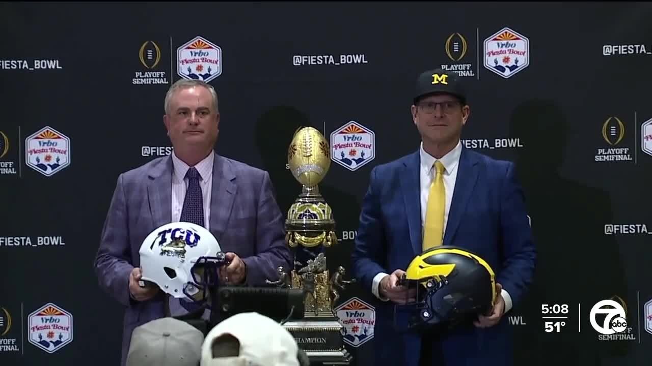 Jim Harbaugh, Sonny Dykes talk final preps for College Football Playoff semifinal matchup at Fiesta Bowl