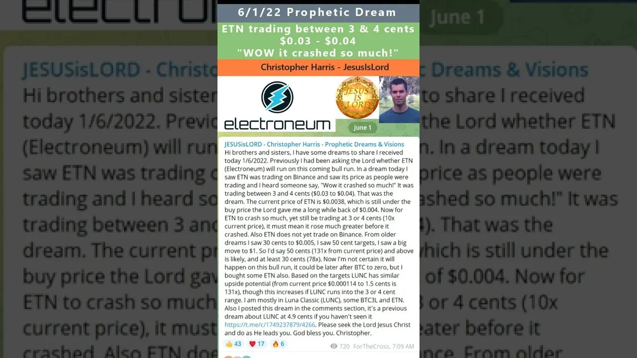 $0.03 Electroneum (ETN) prophetic dream - Christopher Harris (JesusIsLord) 6/1/22