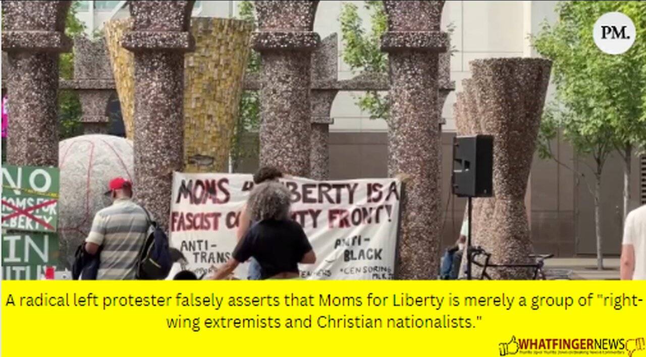 A radical left protester falsely asserts that Moms for Liberty is merely a group