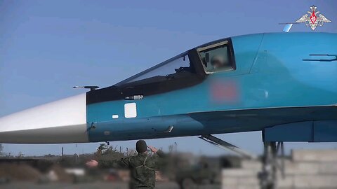 Operational mission of a Sukhoi Su-34 Fullback bomber of the Russian Aerospace Forces, armed with...