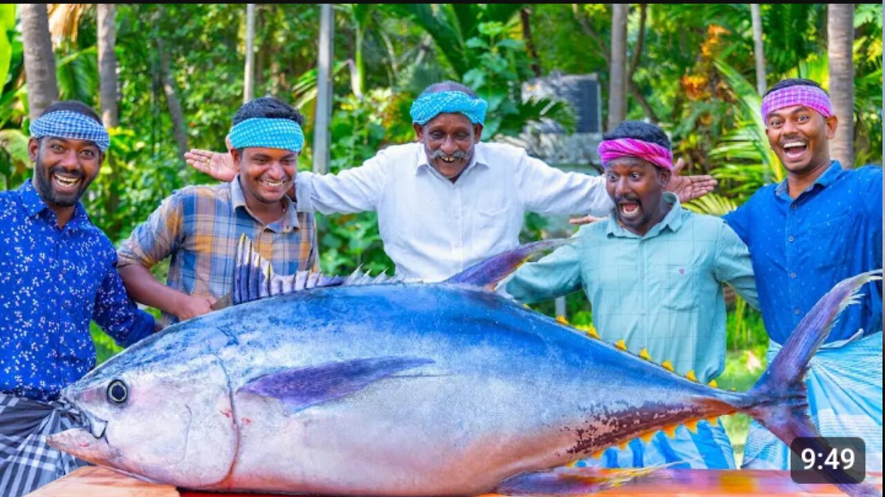 200_Pounds_BIG_TUNA_FISH___Tuna_Fish_Cutting_and_Cooking_in_Village___Tuna_Fish_Steak_Recipe