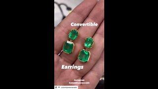 Stunning Convertible Colombian emerald cushion and emerald cut dangle earrings in 18K gold