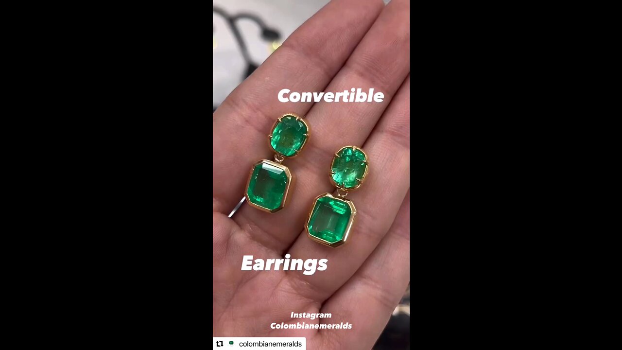 Stunning Convertible Colombian emerald cushion and emerald cut dangle earrings in 18K gold