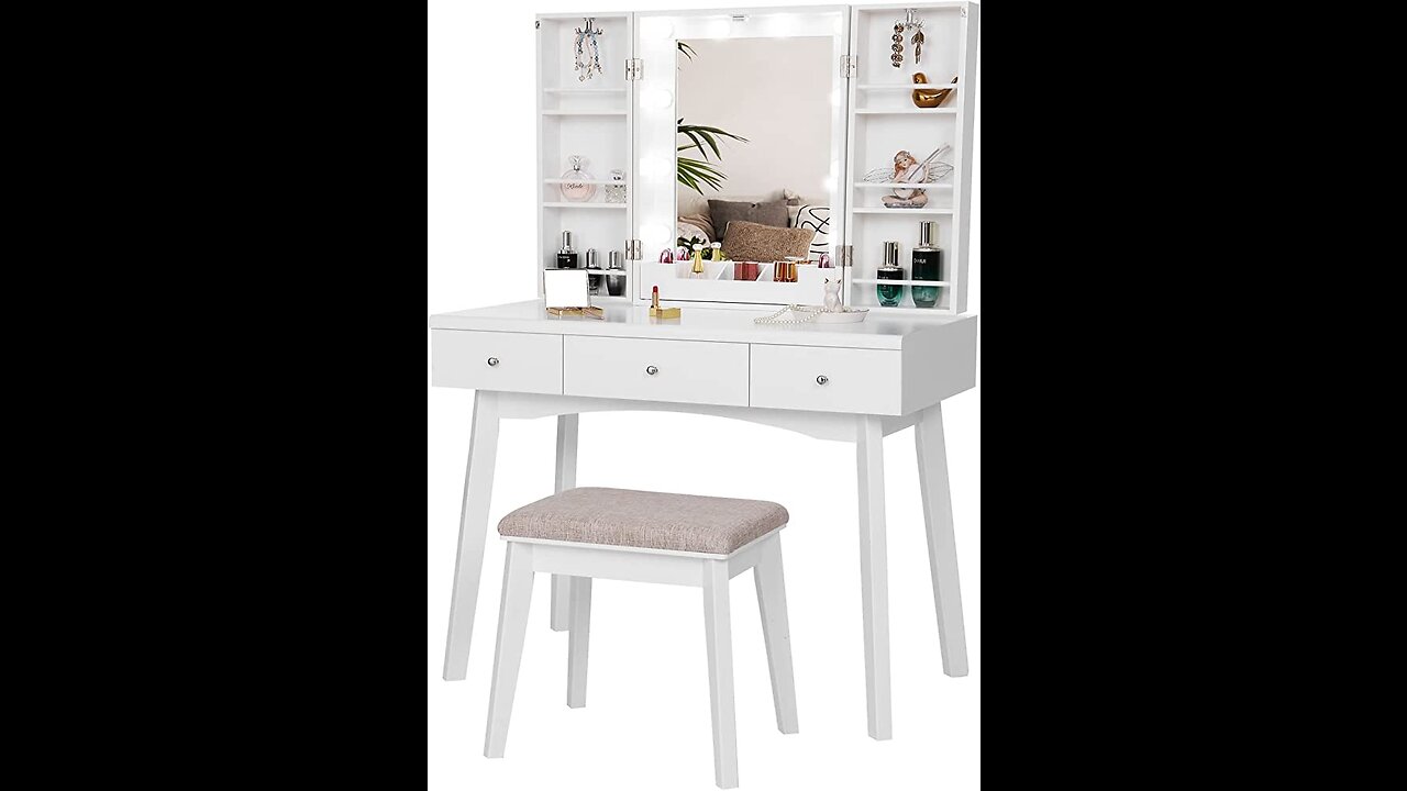 BEWISHOME Vanity Set with Lighted Mirror, Makeup Vanity with Tri-Folding Mirror 10 LED Bulbs, W...