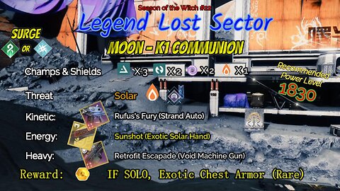 Destiny 2 Legend Lost Sector: Moon - K1 Communion on my Solar Hunter 9-17-23