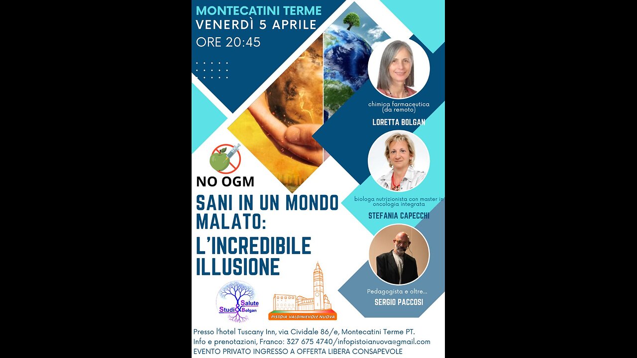 Montecatini Terme 05/04/24 "Pistoia Valdinievole Nuova"Presenta : Sani In Un Mondo Malato: L'incredibile Illusione....con la dottoressa Loretta Bolgan, dottoressa Stefania Capecchi , dottor Sergio Paccosi