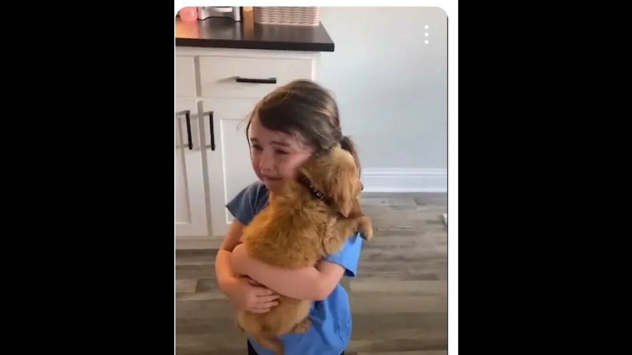 Little girl sobs as she holds her new puppy