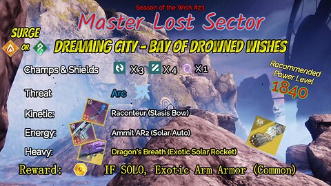 Destiny 2 Master Lost Sector: Dreaming City - Bay of Drowned Wishes on my Arc Warlock 2-14-24