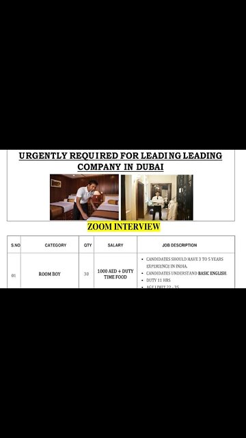 Dubai Job | Urgent Requirement For 5Star Hotel 🏨 Rom Boy Job Salry 1000 Dirham #Job #Jobs #Shorts