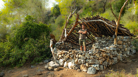 6 Days ALONE In Wild Mediterranean Forest Build STONE AGE Bushcraft Shelter - ASMR