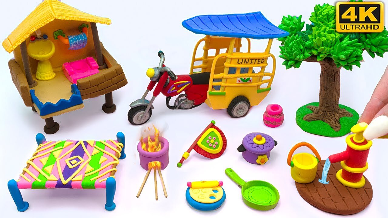 Clay Miniature House Washroom set Rikshaw Kitchen Set Hand Pump Charpai