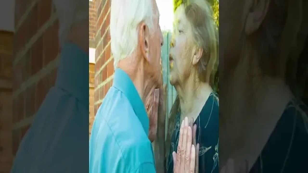 Senior Caucasian couple kissing through glass - #romance #olderpeople