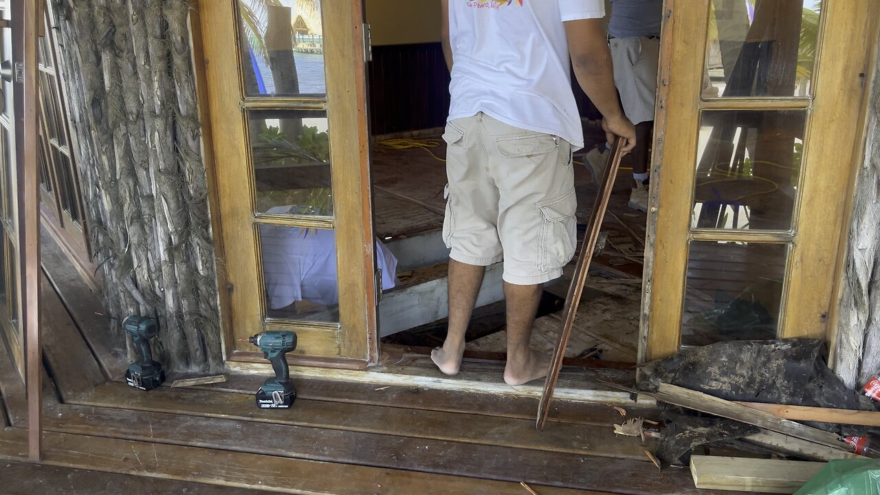 Barefoot construction worker