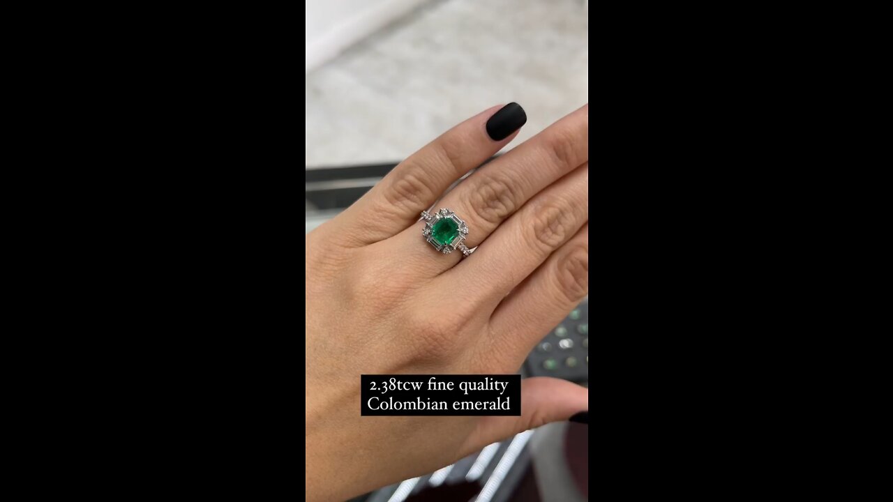 2.38tcw Colombian Emerald Asscher Cut & Baguette round Diamond halo Engagement platinum Ring