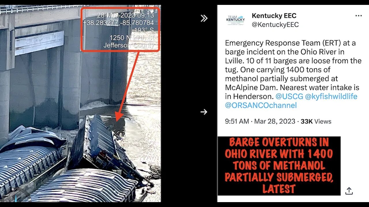 Barge Overturns in Ohio River with 1400 Tons of Methanol, Partially Submerged, Latest