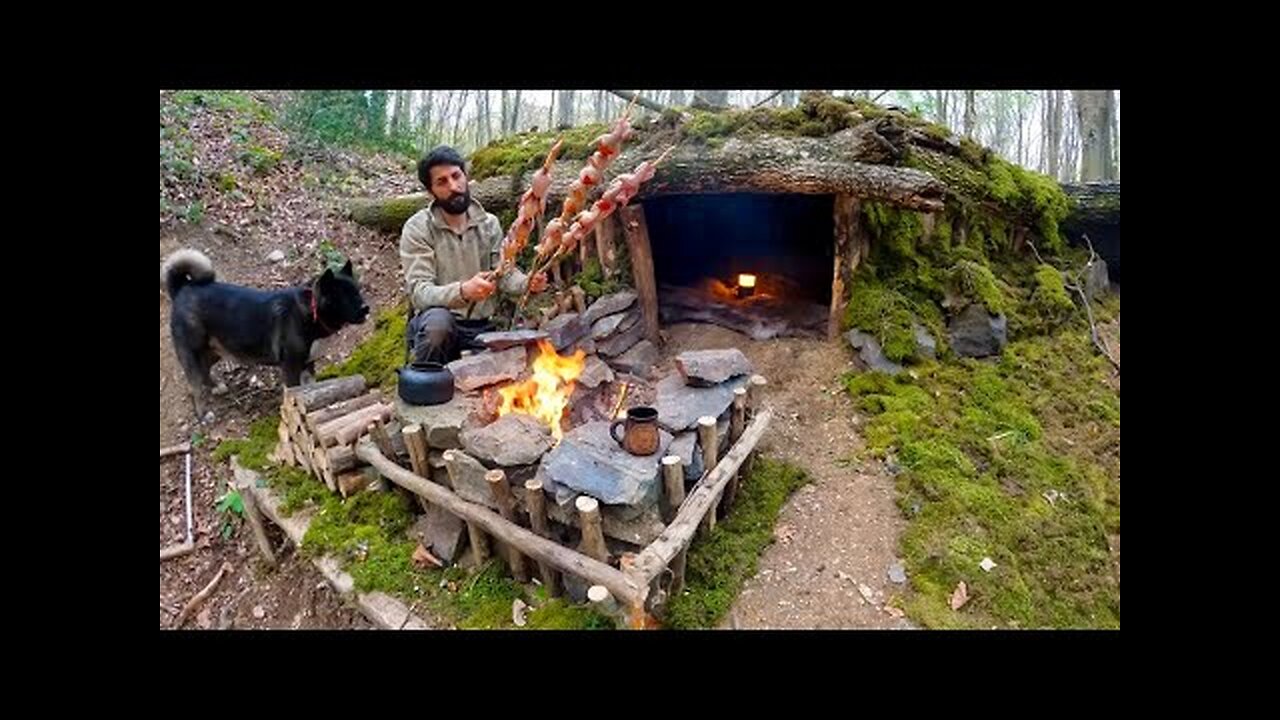 Building a WOOD and ROCK SHELTER for 3 Days SURVIVAL. Fireplace, Quail Cooking. BUSHCRAFT Camping.