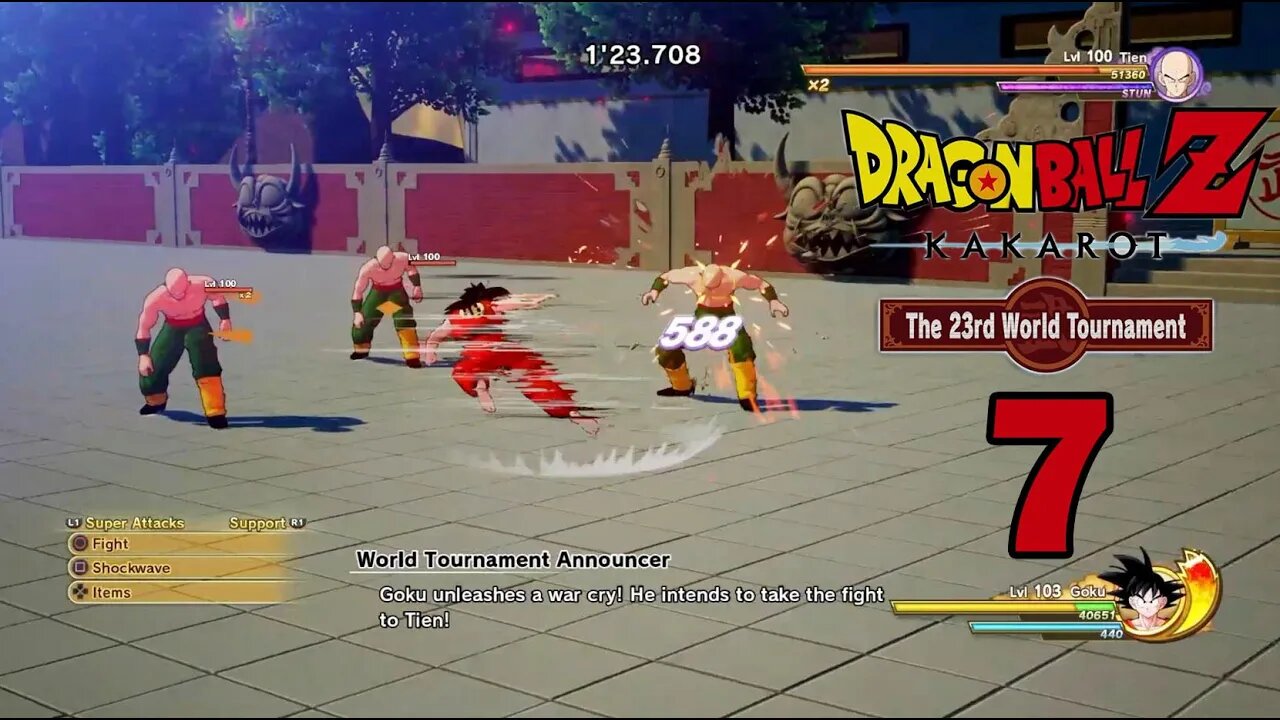 DBZ Kakarot DLC 5 - 23rd World Tournament Part 7 - Level 100 Tien Multi-Form - Reached Level 114