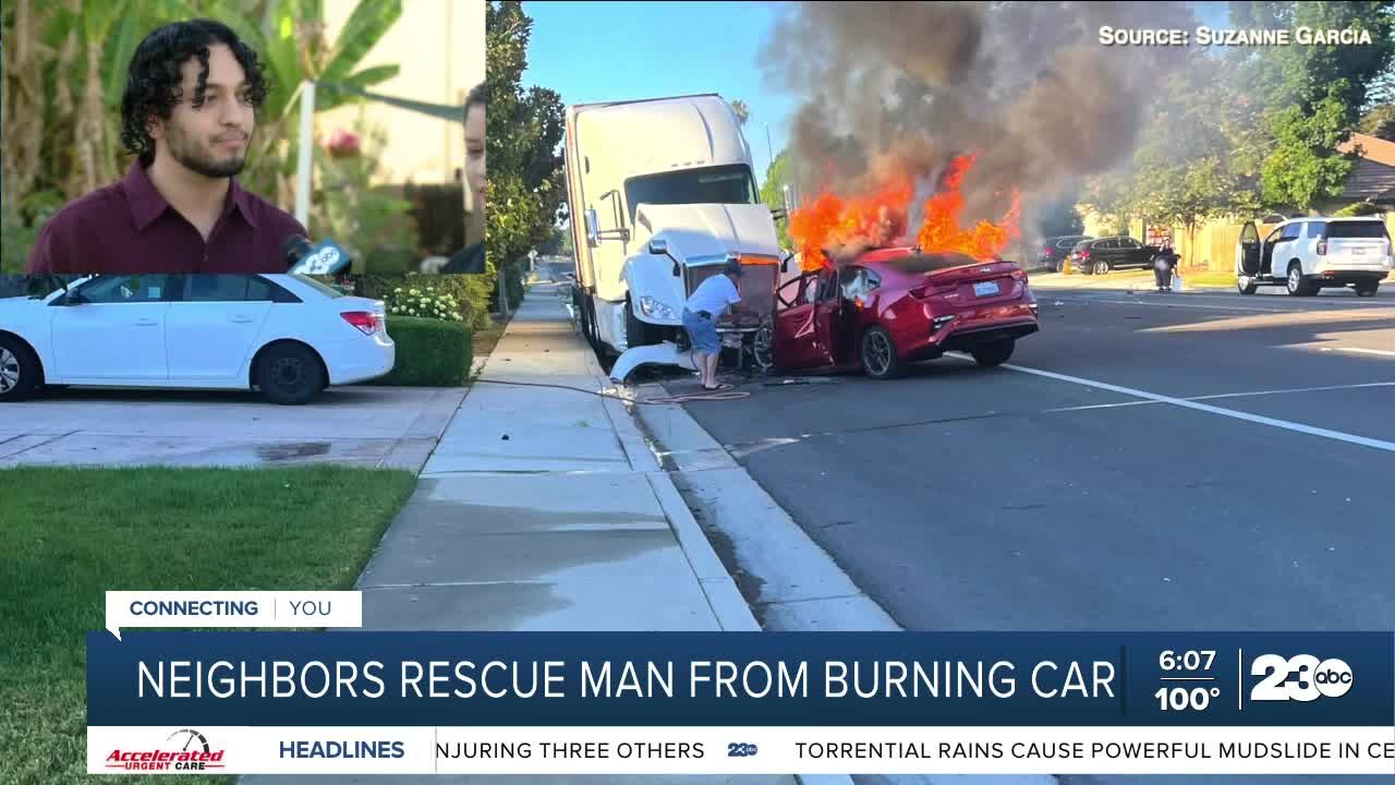 Neighbors who helped rescue driver from fiery crash speak about the incident