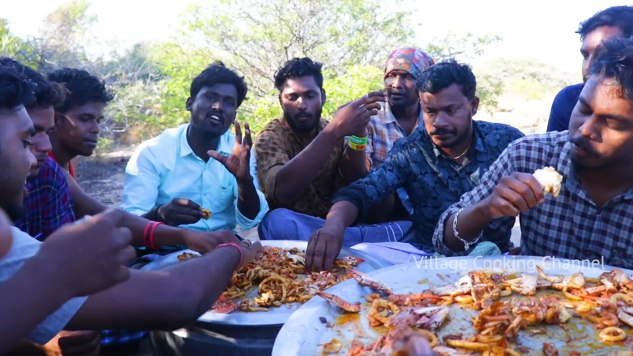 SEAFOOD FRY | Squid Prawns Crabs Fry | Three in One Mix Recipe | Seafood Recipe | Tasty Village Food