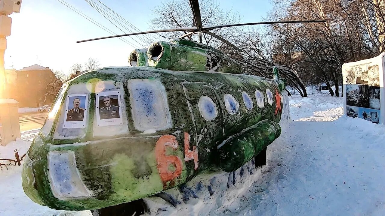 Russian helicopter made of snow