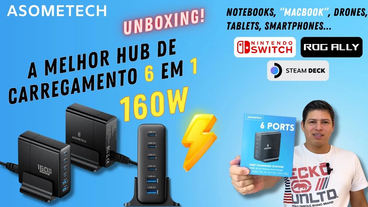 A Hub de carregamento 6 em 1! Asometech Desktop GaN 160W 🔋🔌 Unboxing e teste rápido!