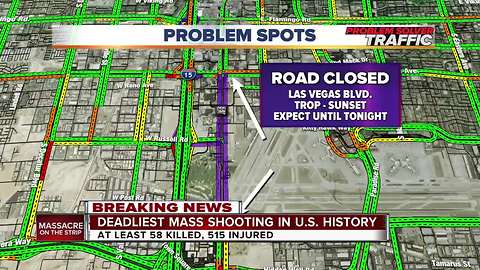 Map of road closures in Las Vegas after the shooting