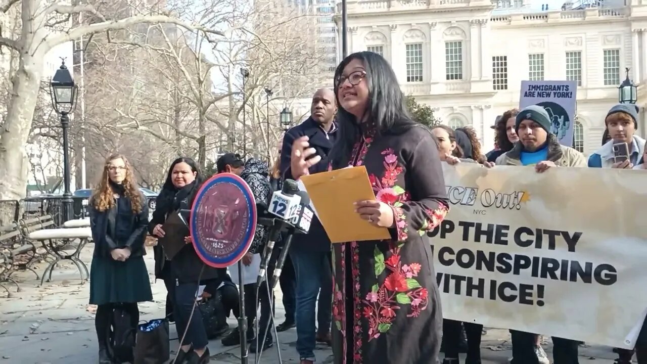 The ICE out NYC #iceoutnyc rally City Hall Park 2/15/23 Councilmember Shahana Hanif NYIC Legal Aid