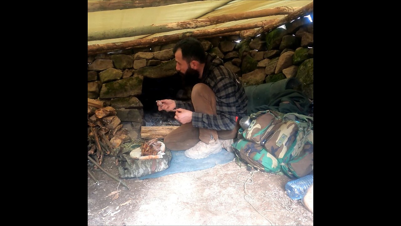 Stone shelter camping in the wilderness