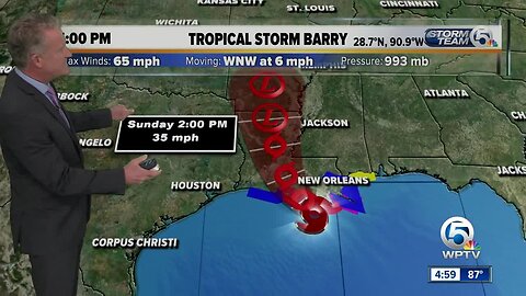 UPDATE: Tropical Storm Barry heads toward Louisiana with 65 mph winds, expected to be hurricane by landfall