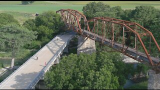 2021 Tour de Boerne - Drone View of Riders at Abandoned Iron Railroad Bridge & River Bend Park