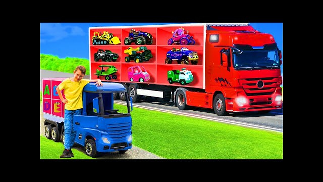 The Kids Play with a Real Truck and Toy Vehicles!