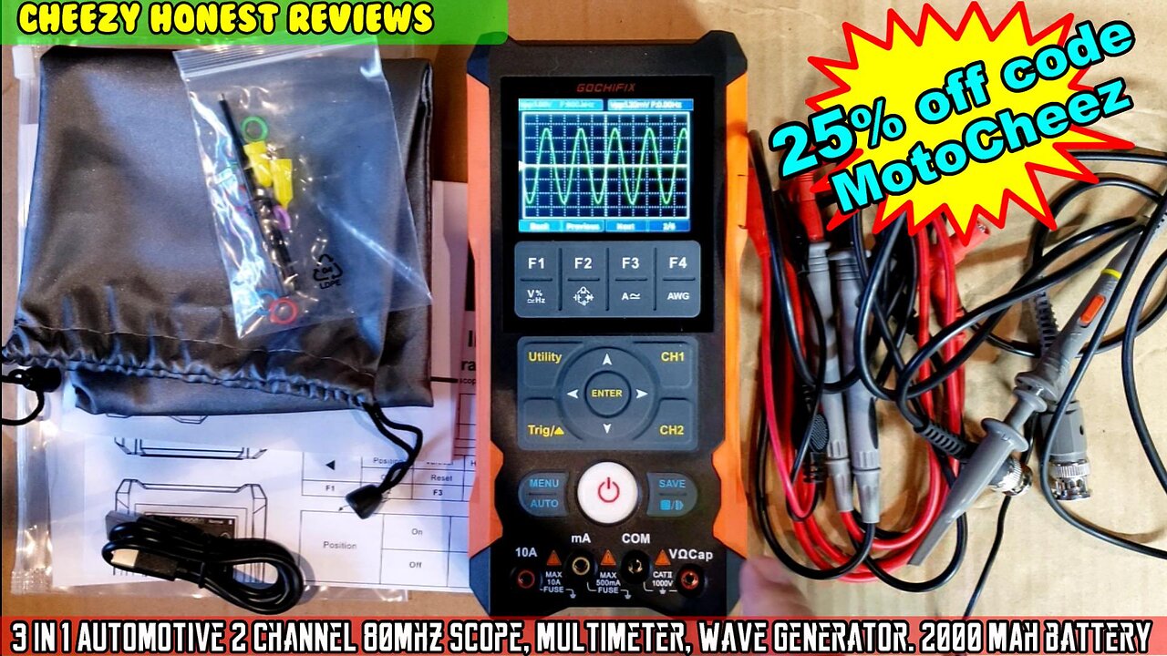 3 in 1 Automotive Handheld 2 Channel 80Mhz Oscilloscope, Multimeter, Waveform Gen, 2000 mAh battery