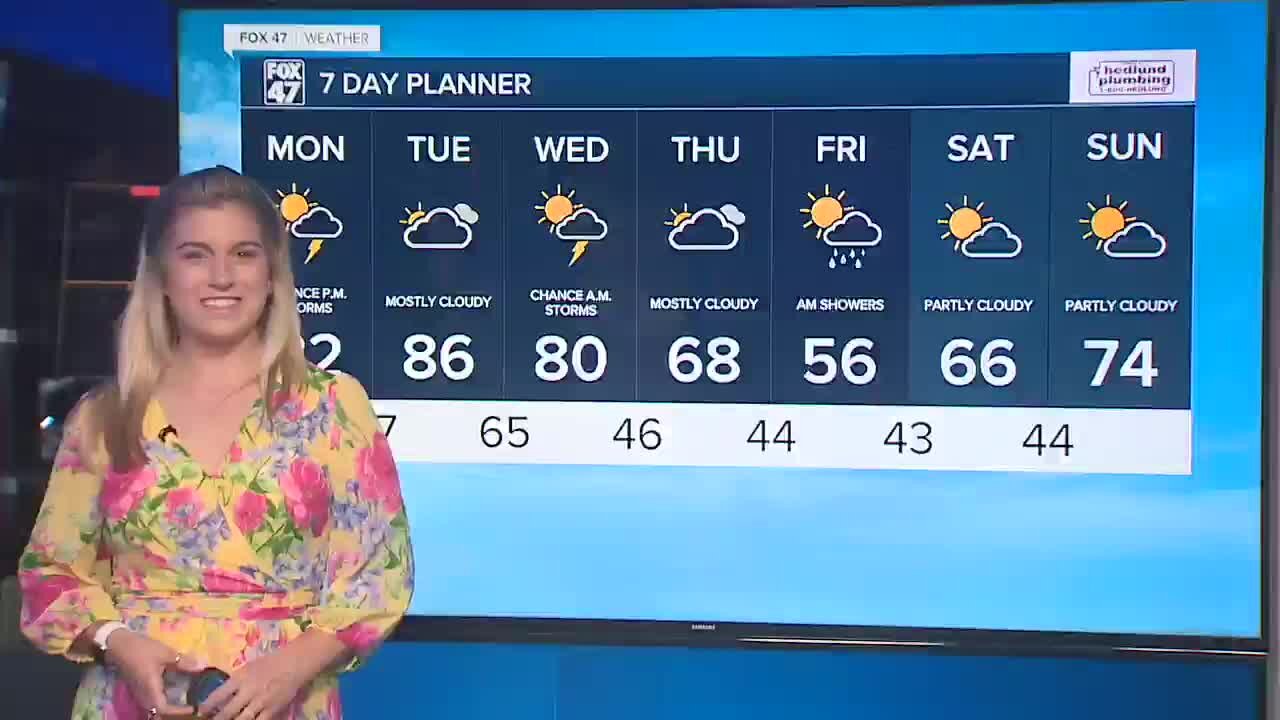 Spotty shower or storm with decreasing clouds