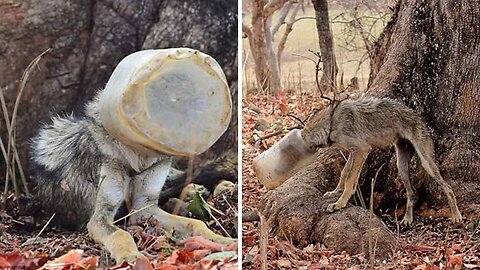 A Weak Wolf Was Saved After Being Stuck for Days With Its Head Inside a Container