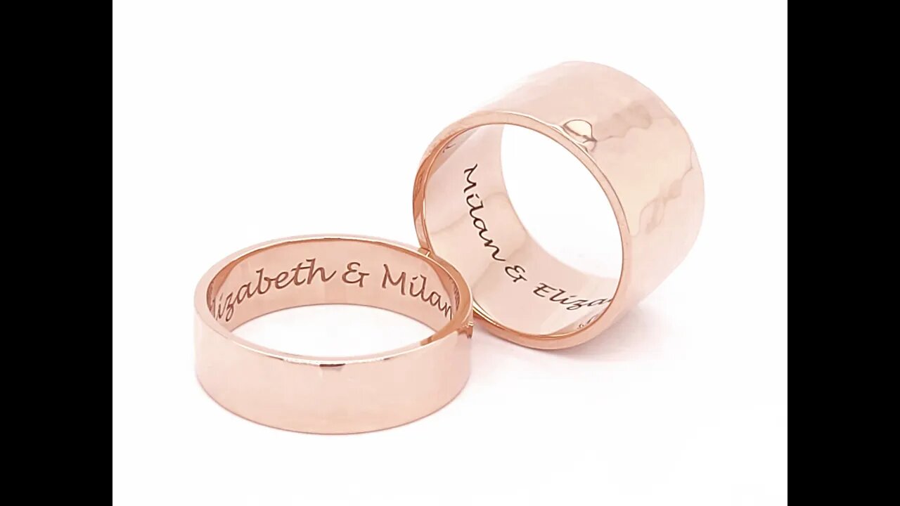 Matching 14k rose gold wedding bands with custom engraving