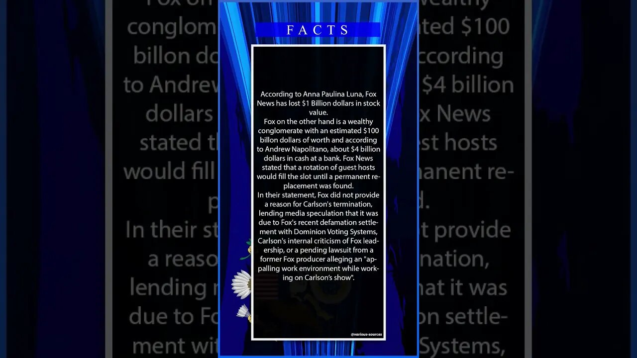 Fox News has lost $1 billion dollars firing Tucker Carlson