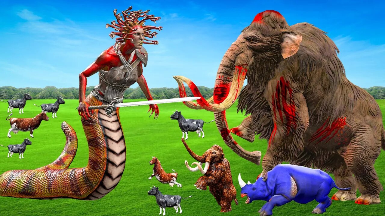 Giant Monster Snake Attack Cartoon Elephant Woolly Mammoth Saves Cartoon Cow Wild AnimalEpic Battle