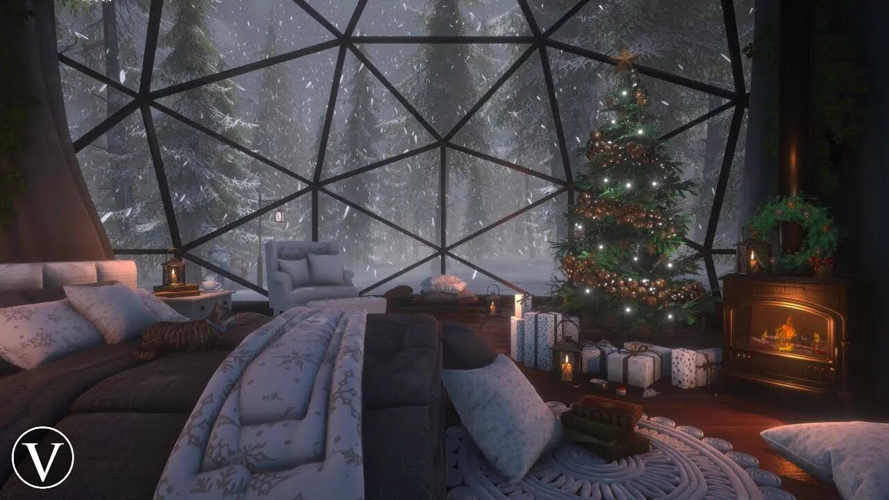 Christmas Igloo | Winter Daytime Ambience | Wood Stove Fireplace & Snowstorm/Blizzard Sounds