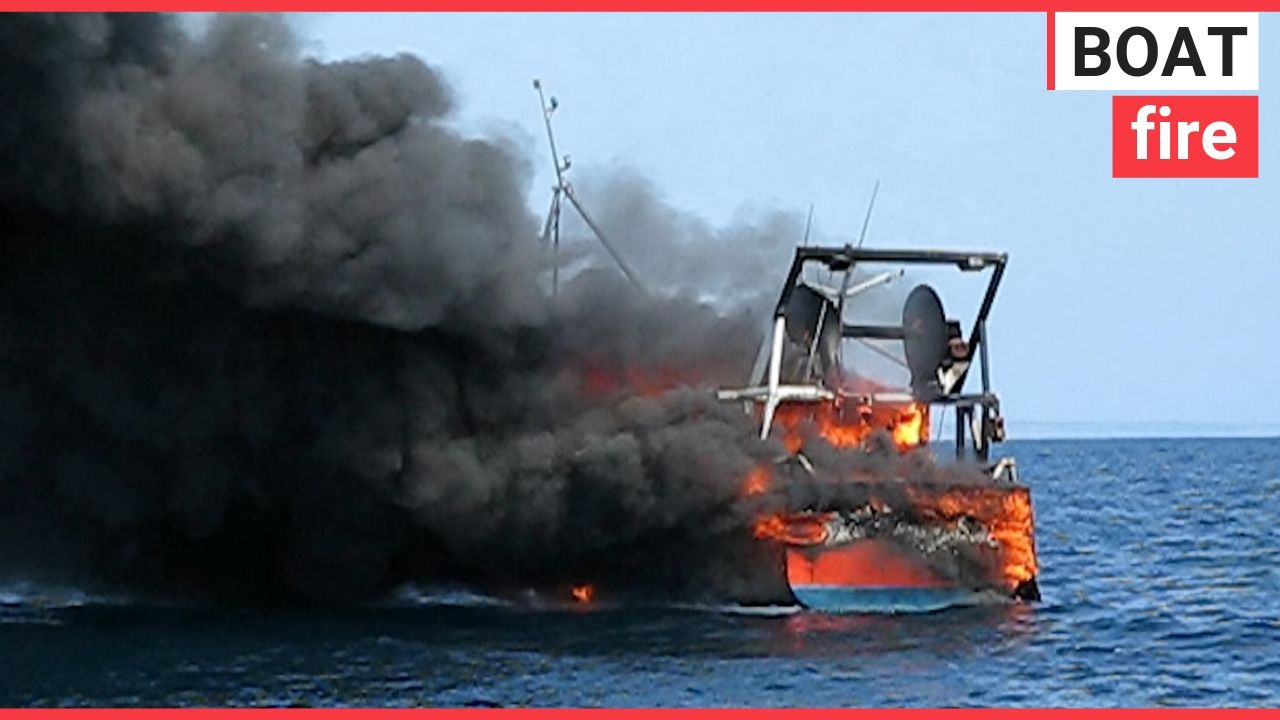 Footage shows a huge fire that sunk a fishing boat