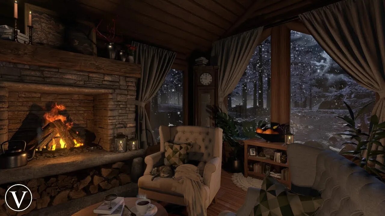 Winter River Cabin | Night Ambience | Log Fireplace, Wind, Snow & Blizzard Sounds