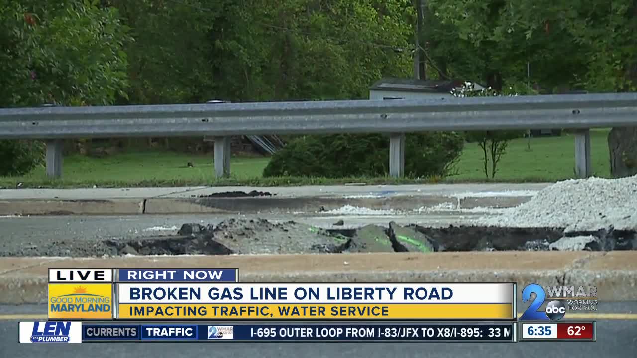 Emergency gas line repairs shut down Liberty Road near I-695 in both directions