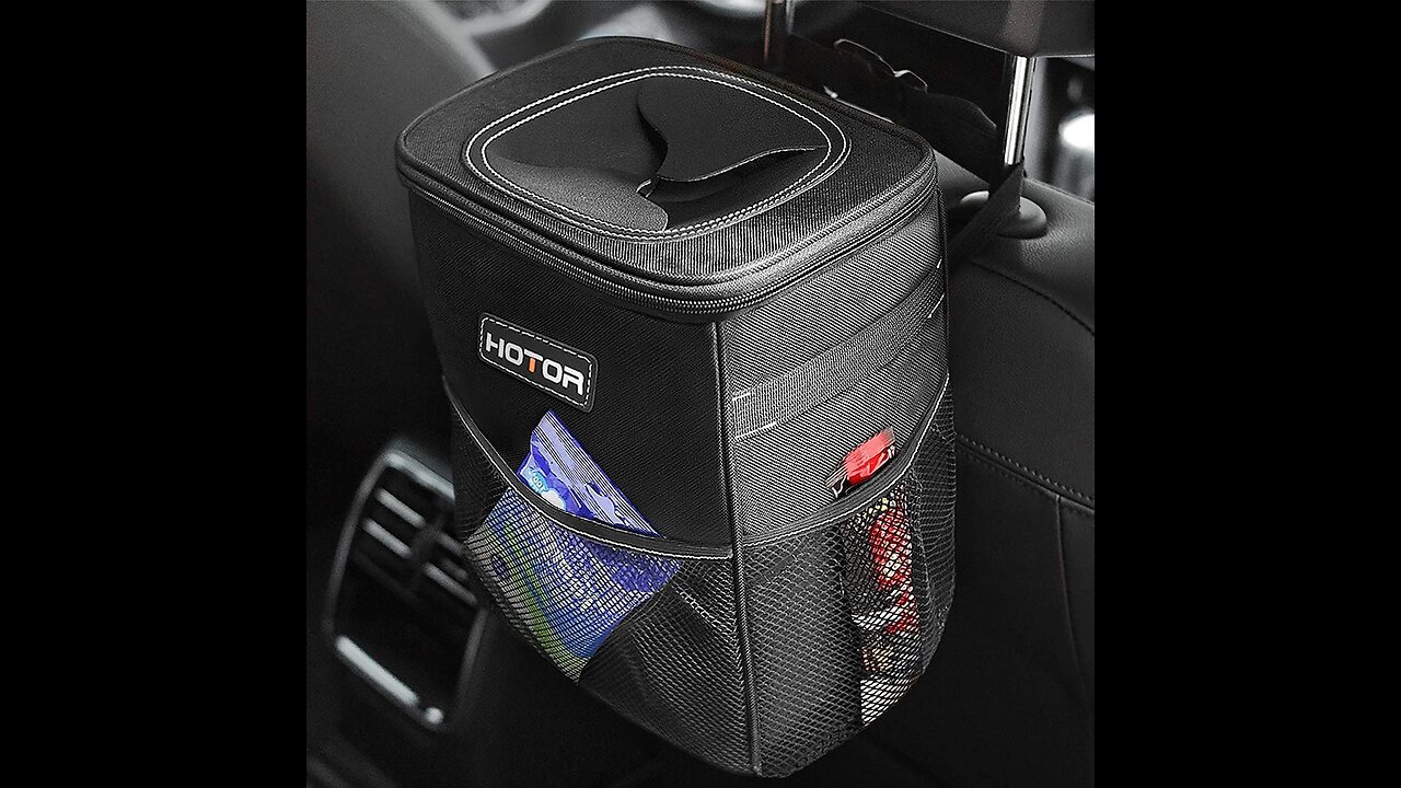 HOTOR Car Trash Can with Lid and Storage Pockets, Waterproof, Multipurpose Trash Bin for Car