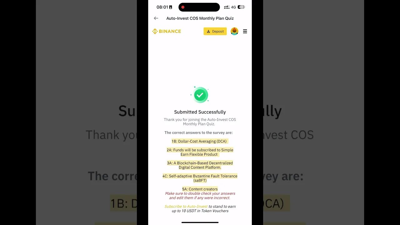 Binance Auto Invest Quiz Answers |COS quiz | Earn free Usdt #binance #cos #usdt #freeusdt